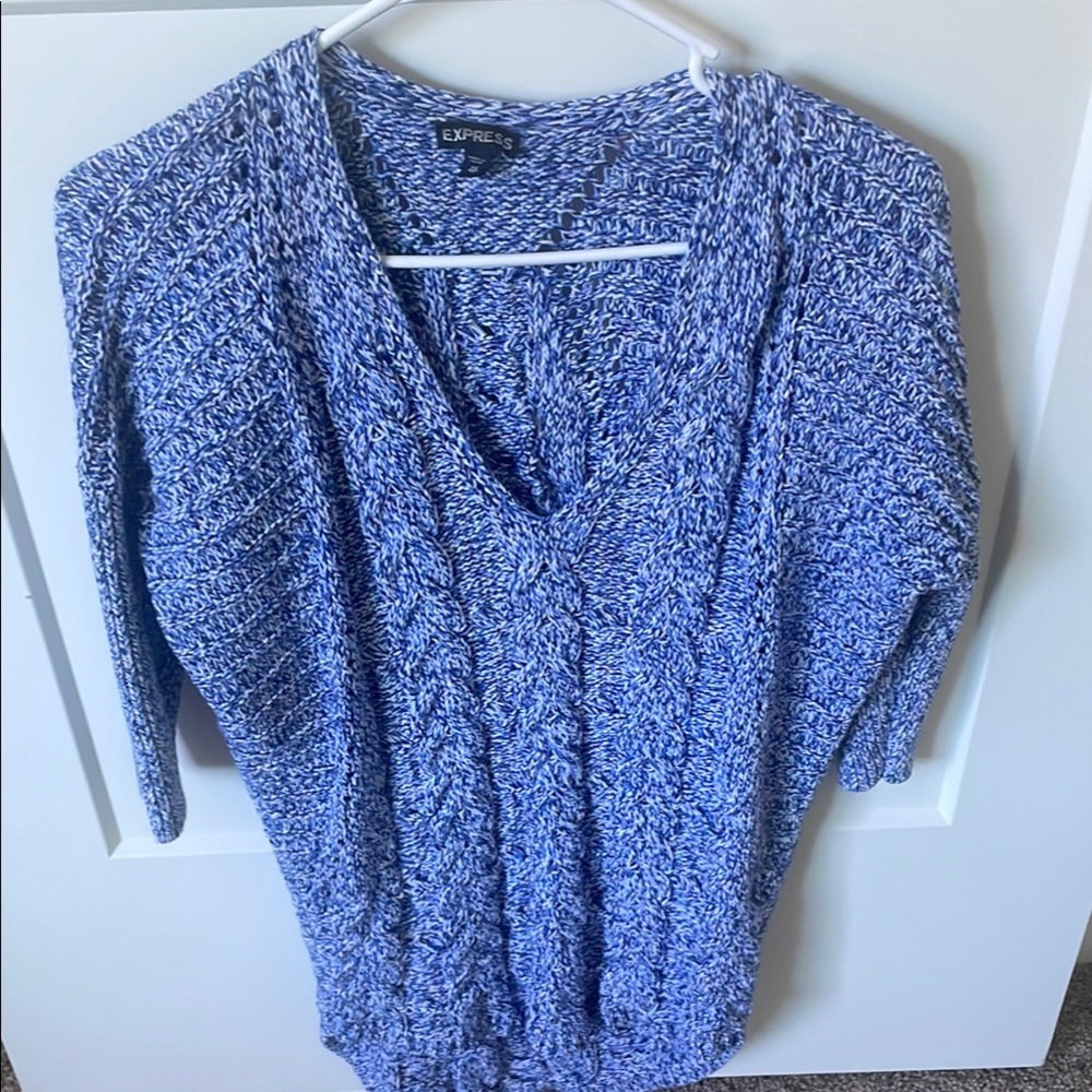 Express Women's Blue V-Neck Cable Knit Sweater